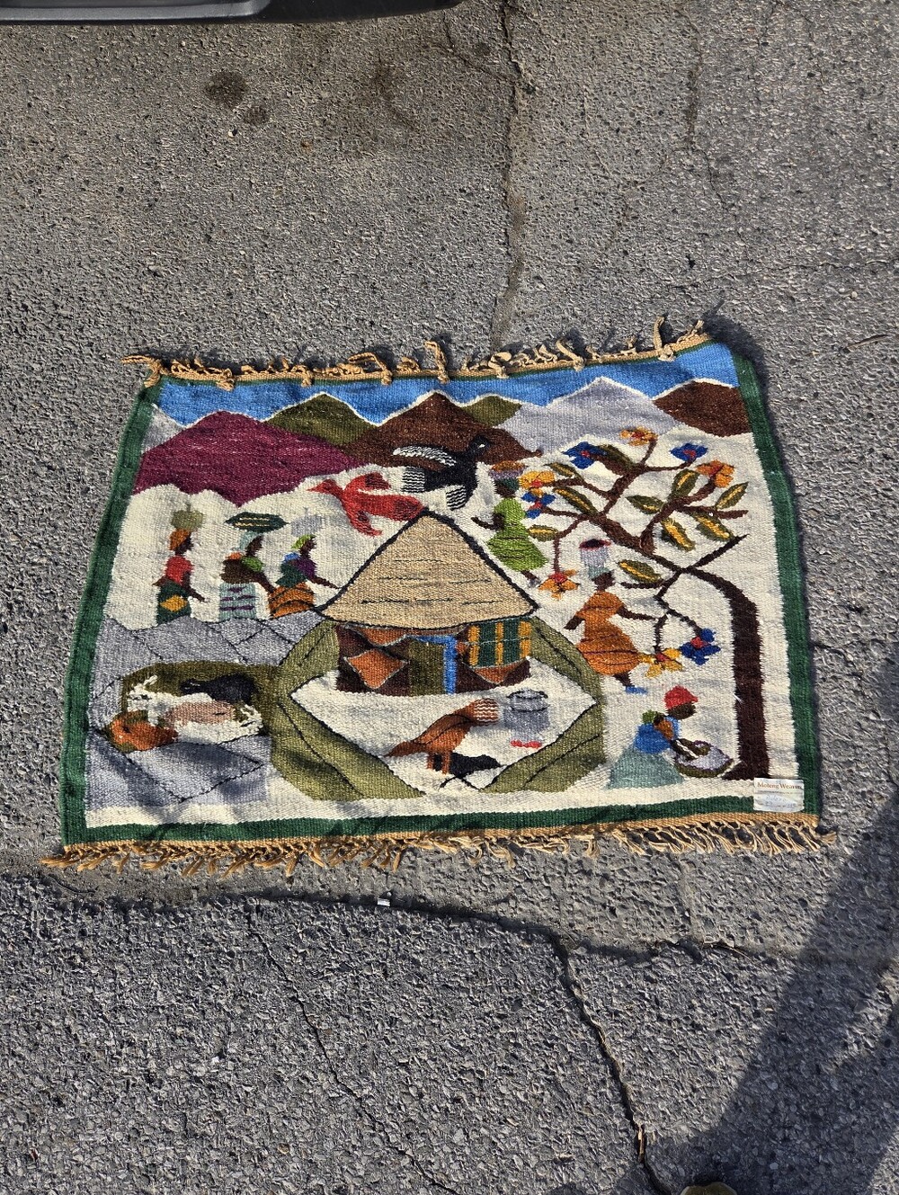 Vintage Moteng Weavers Lesotho Mohair Tapestry Rug Handwoven Folk Art Signed 47"